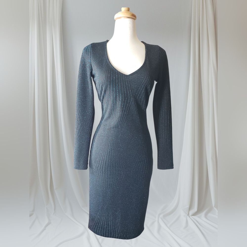 Haute Monde Blue Black Ribbed Long Sleeve Bodycon Dress Shimmer.